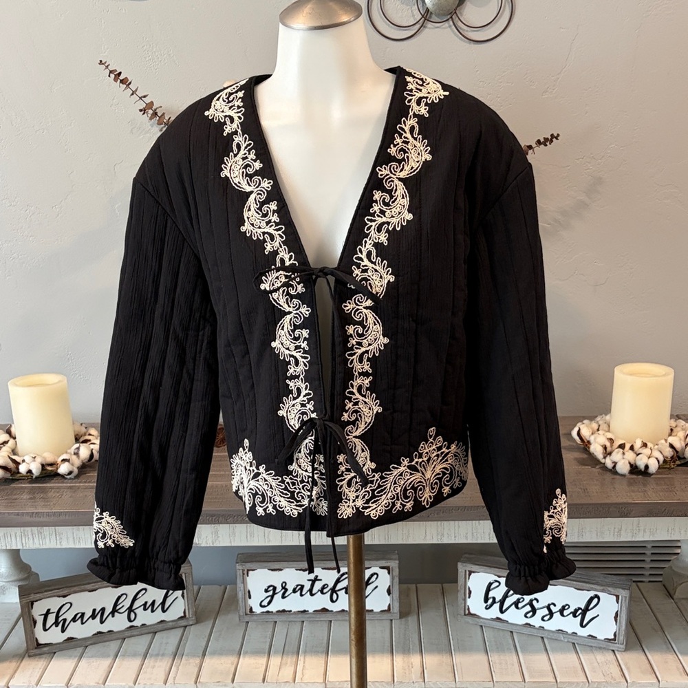 H&M Black Jacket with Cream Embroidered Trim